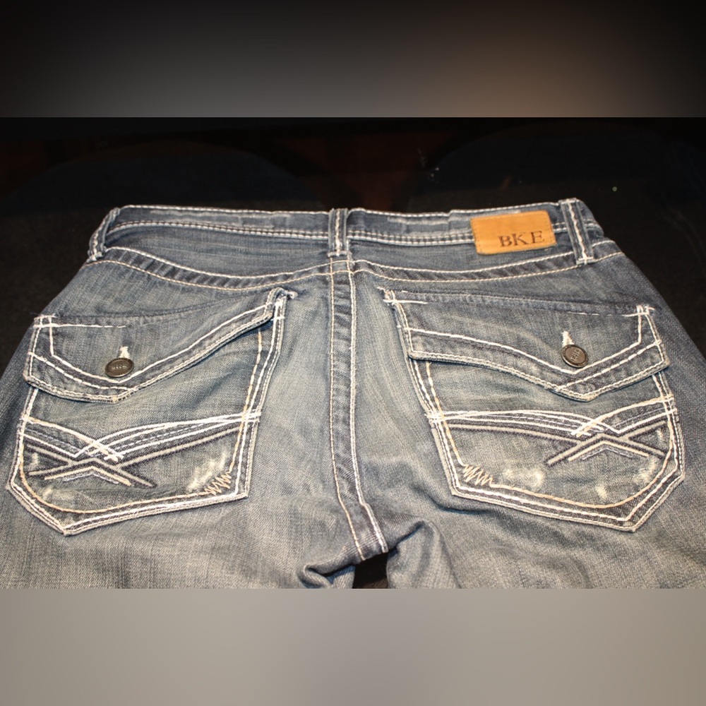 BKE Fulton Tyler Straight Leg Black Wash Jeans 31x32 White Stitching Zipper Fly